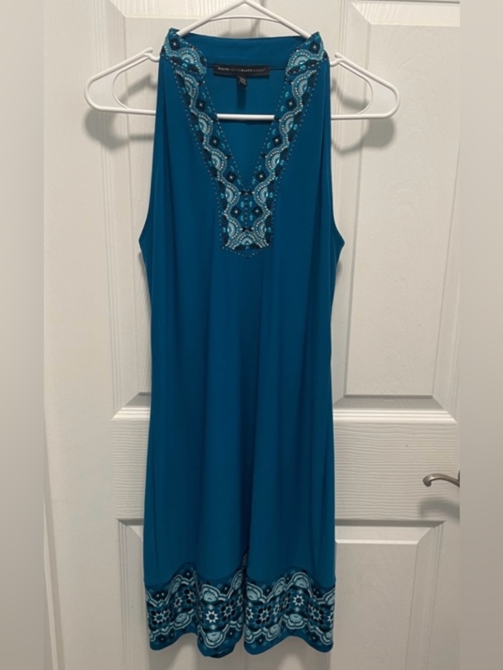 White House Black Market Teal Embroidered Halter Sundress